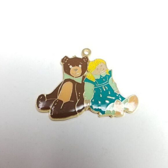 Vintage Teddy Bear with Bow Tie and Blond Doll in Dress Pendant Charm, Retro 80s - Picture 2 of 6